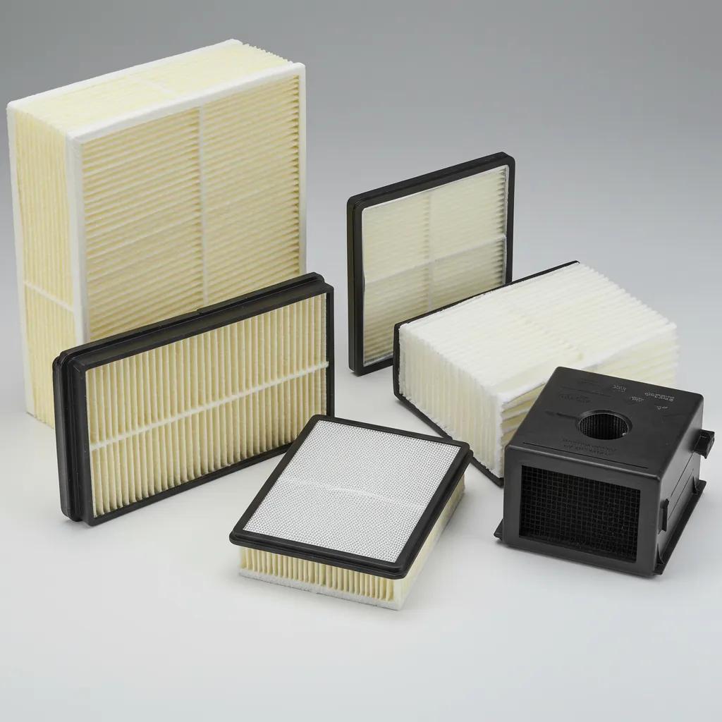 Various types of HVAC filters, including fiberglass, pleated, HEPA, electrostatic, and carbon filters