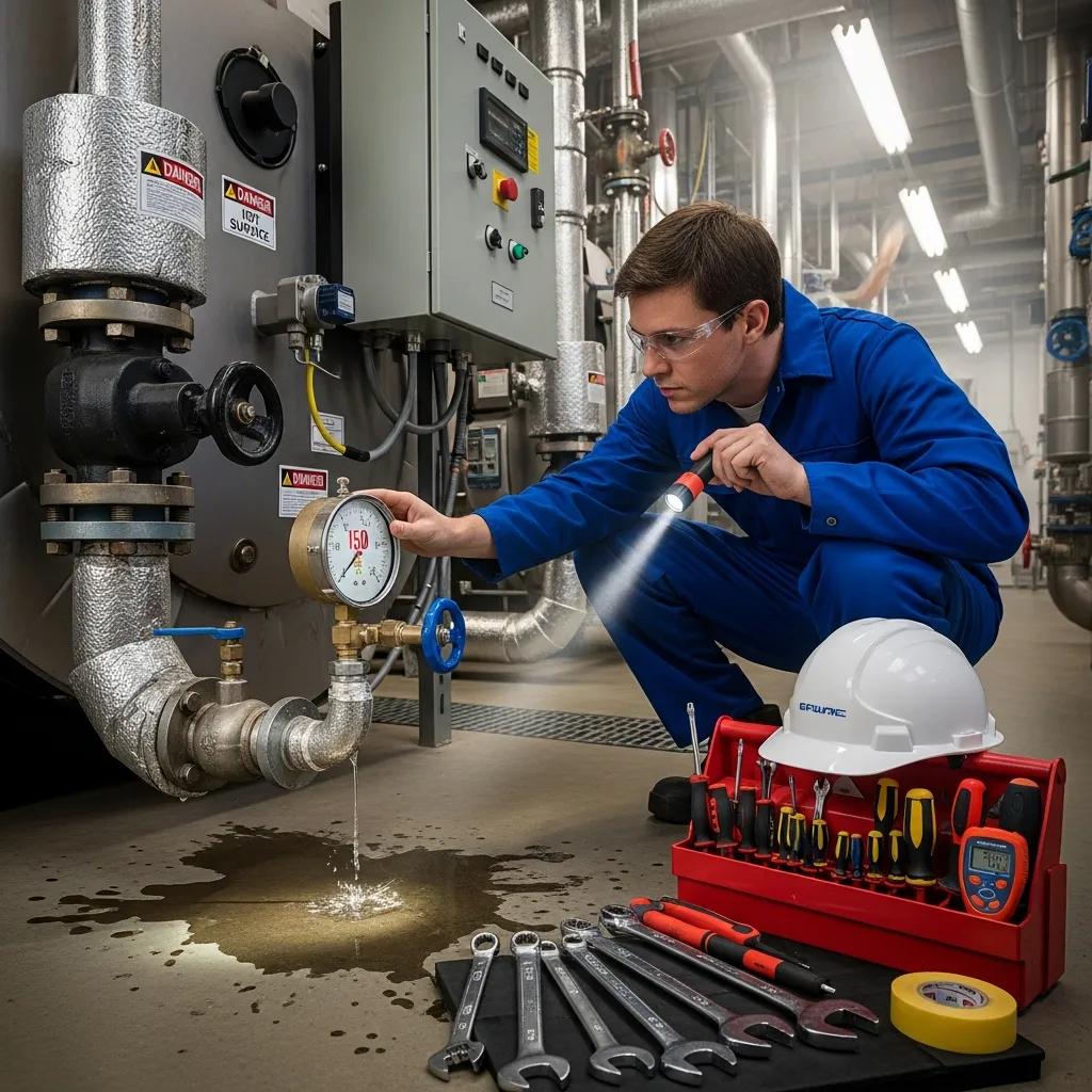 Identify Heating Maintenance Issues Before They Escalate 2 Technician examining a boiler pressure gauge and checking for signs of leaks