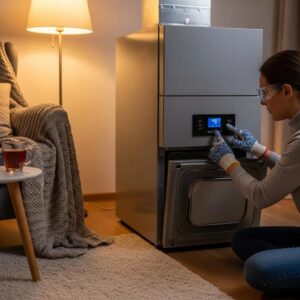 Homeowner safely resetting a modern furnace in a cozy living space